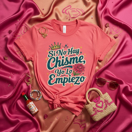 Si No Hay Chisme, Yo Lo Empiezo T-Shirt, Funny Spanish Quote Tee, Latina Gift, Chismosa Crown and Rose Graphic, Unisex Pink Shirt, Humor and Gossip Fashion Mexicada Charity Pink / XS