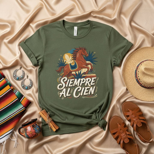 Siempre Al Cien Charro Horse Graphic T-Shirt | Equestrian Tee | Mexican Heritage Shirt | Unisex Olive Green Mexicada