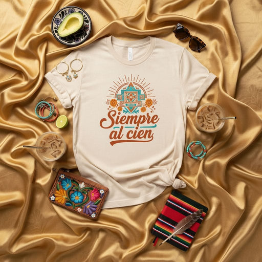 Siempre al Cien T-Shirt - Latino Heritage, Aztec Sun, Floral Graphic Tee, Spanish Quote Shirt, Fiesta, Unisex Gift Idea, México Inspired Design Mexicada