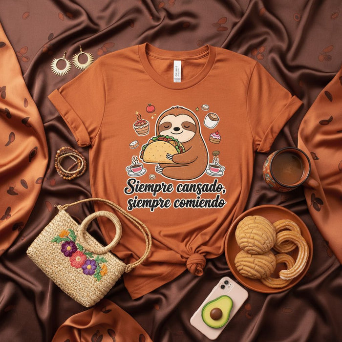 Siempre cansado, siempre comiendo Sloth Taco Shirt - Funny Sloth Graphic Tee, Cute Foodie Spanish Phrase T-Shirt, Coffee & Sweets Lazy Day Unisex Apparel Gift Mexicada