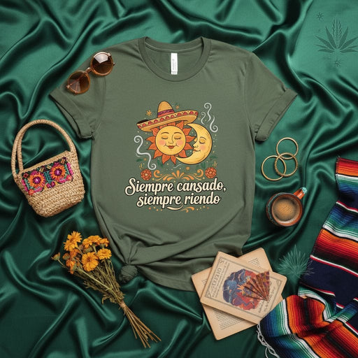 Siempre cansado, siempre riendo Mexican Sun and Moon Shirt, Funny Siesta Fiesta T-Shirt, Cute Vintage Style Graphic Tee, Spanish Quote Unisex Casual Top Mexicada