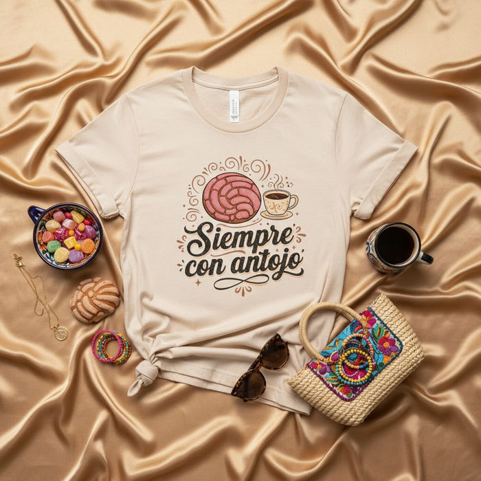 Siempre con antojo Concha Coffee T-Shirt, Mexican Pan Dulce Tee, Cute Hispanic Foodie Shirt, Sweet Bread and Cafe Top, Latine Dessert Lover Gift Mexicada