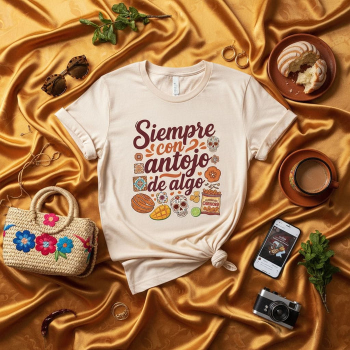 Siempre con Antojo de Algo T-Shirt: Mexican Snack Food Lover Tee, Pan Dulce Concha Mango Candy Skulls Day of the Dead Shirt, Unisex Gift Idea Mexicada