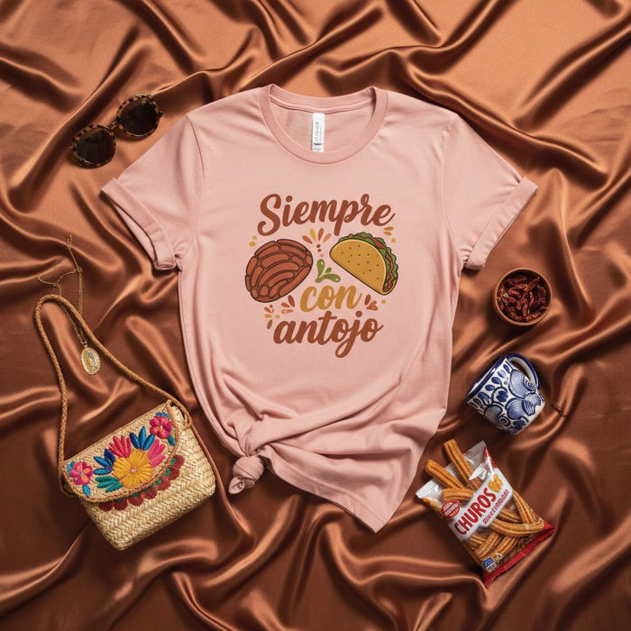 Siempre con Antojo T-Shirt: Pink Unisex Tee with Concha, Taco, and Spanish Foodie Phrase, Cute Mexican Snack Graphic Shirt, Food Lover Gift Idea Mexicada