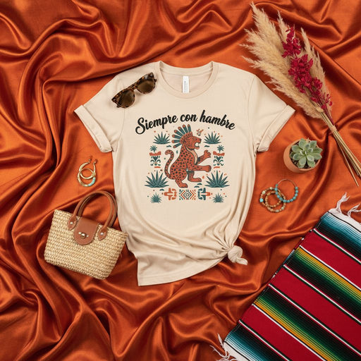 Siempre con Hambre Aztec Jaguar T-Shirt, Indigenous Print Hungry Cat Tee, Casual Unisex Latinx Heritage Shirt, Mexican Inspired Graphic T-Shirt for Men and Women, Boho Style Summer Top, Siempre con Hambre Shirt Mexicada