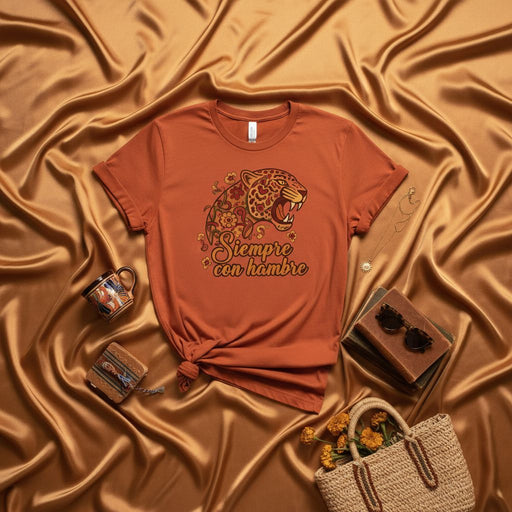 Siempre con hambre Jaguar Leopard T-Shirt | Spanish Phrase | Boho Floral Graphic Tee | Unisex Burnt Orange Shirt | Hispanic Heritage Month Gift Idea Mexicada