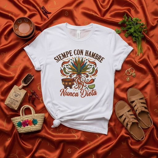 Siempre Con Hambre Nunca Dieta Funny Mexican Food T-Shirt Agave Plant Chili Peppers Salsa Bowl Tee Unisex Gift for Taco Lovers & Chefs Spanish Phrase Shirt Mexicada