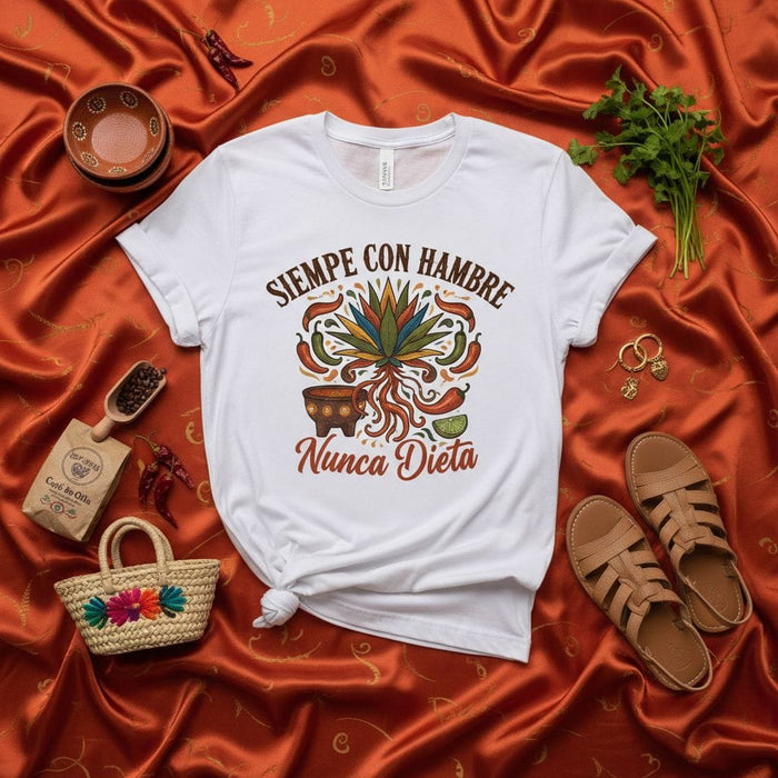 Siempre Con Hambre Nunca Dieta Funny Mexican Food T-Shirt Agave Plant Chili Peppers Salsa Bowl Tee Unisex Gift for Taco Lovers & Chefs Spanish Phrase Shirt Mexicada
