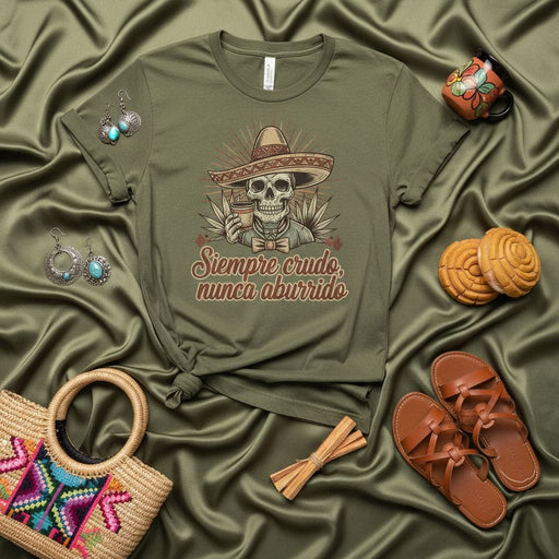 Siempre crudo, nunca aburrido | Funny Mexican Skeleton Mariachi Sombrero T-Shirt, Cinco de Mayo, Dia de Muertos, Spanish Shirt, Funny Hangover Tee, Calavera Drinking Shirt, Unisex Gift Idea Mexicada