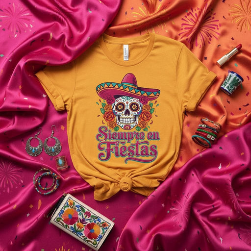 Siempre en Fiestas Day of the Dead Sugar Skull T-Shirt Dia de Muertos Mexican Fiesta Party Tee Sombrero Roses Floral Graphic Print Unisex Top Mexicada