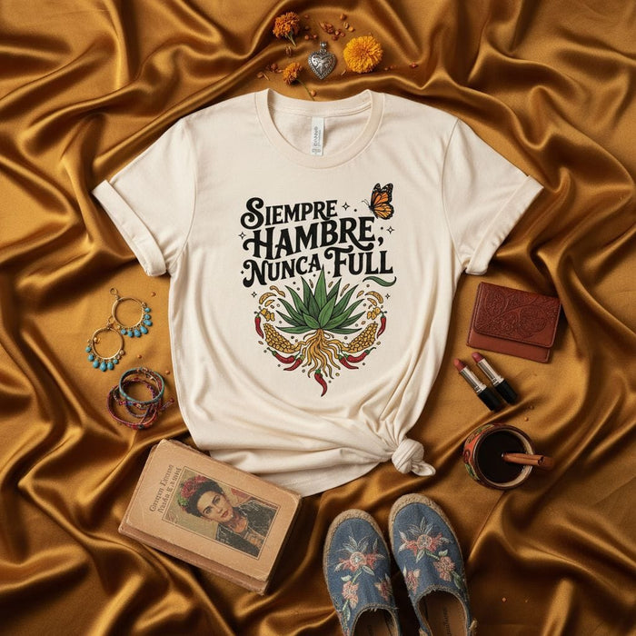 Siempre Hambre Nunca Full Agave Mexican Foodie T-Shirt with Butterfly and Corn Chili Design, Funny Spanish-English Food Pun Unisex Graphic Tee Shirt Mexicada