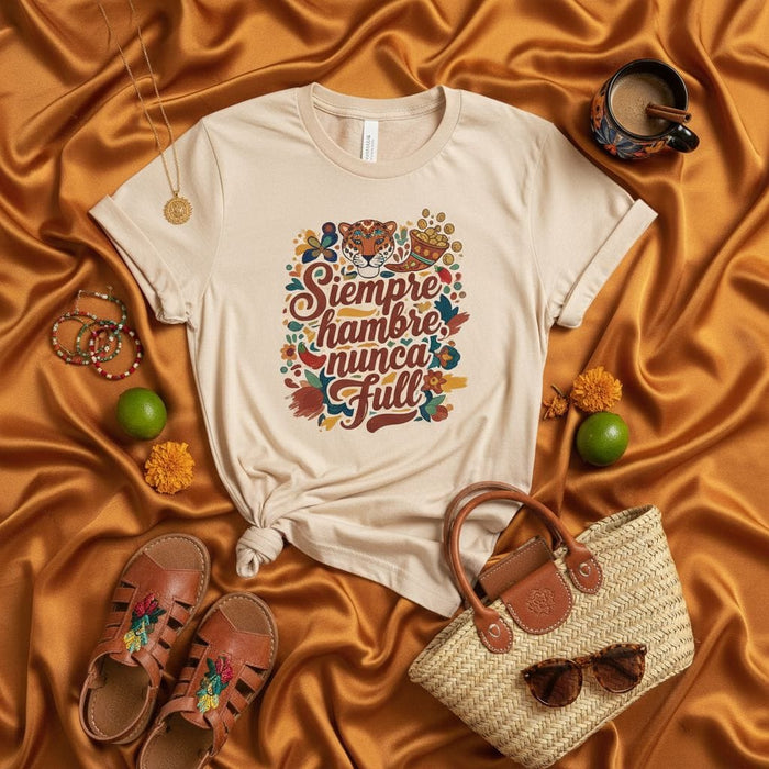 Siempre Hambre Nunca Full T-Shirt, Mexican-Inspired Graphic Tee with Tiger, Floral Design, Spanish English Phrase, Unisex Shirt for Hustlers Mexicada