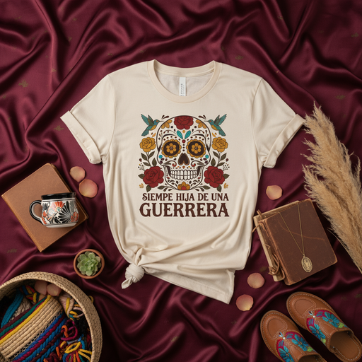 Siempre Hija de una Guerrera Day of the Dead Sugar Skull T-Shirt, Mexicana Mom Daughter Shirt, Vintage Calavera Floral Graphic Tee, Día de Muertos Unisex Gift, Hispanic Heritage Month Apparel Mexicada