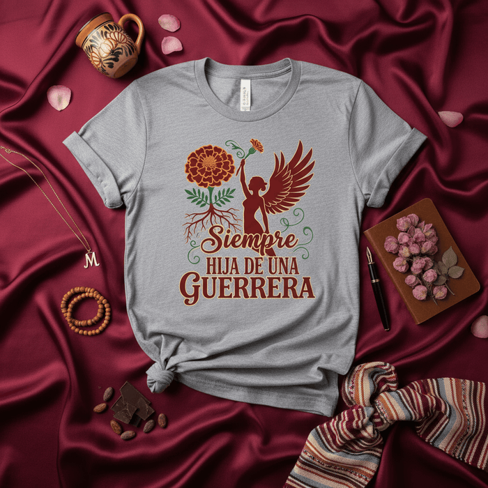 Siempre Hija de una Guerrera T-Shirt, Día de Muertos Marigold Flower Graphic Tee, Strong Latina Woman Heritage Shirt, Mexican Culture Inspired Gift, Unisex Fit. Mexicada