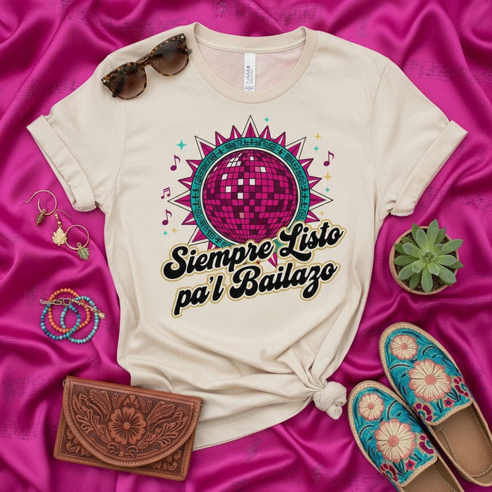 Siempre Listo Pa'l Bailazo Unisex T-Shirt | Pink Disco Ball Dance Party Tee | Ready to Dance Graphic T-shirt in Spanish | Latino Night Club Apparel Gift Mexicada