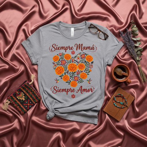 Siempre Mamá Siempre Amor Marigold Flower Heart Shirt, Día de Muertos T-Shirt, Hummingbird Floral Print, Spanish Quote Mom Gift, Traditional Folk Art Style Unisex Tee Mexicada