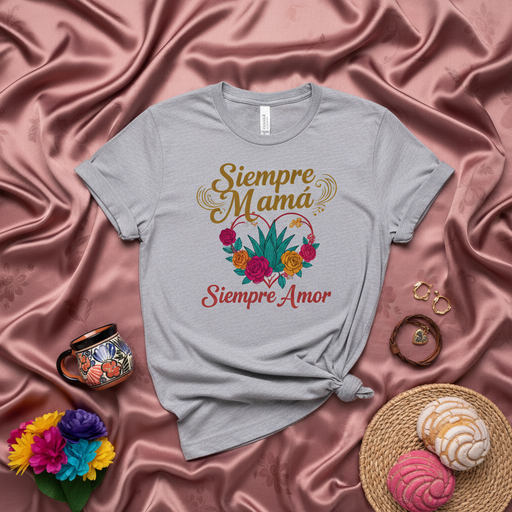 Siempre Mamá, Siempre Amor T-Shirt | Spanish Mother's Day Gift | Floral Heart Design with Agave Plant | Día de la Madre Tee for Latina Mom | Unisex Short Sleeve Shirt Mexicada