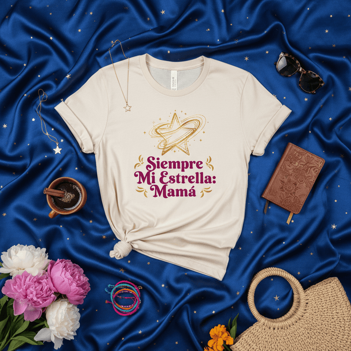 Siempre Mi Estrella Mamá Shirt, Mothers Day Spanish Tee, My Star Mom Gift T-Shirt, Camiseta Para Mamá Latina, Hispanic Mother's Day Outfit, Beige Unisex T-Shirt with Gold Star Graphic Mexicada