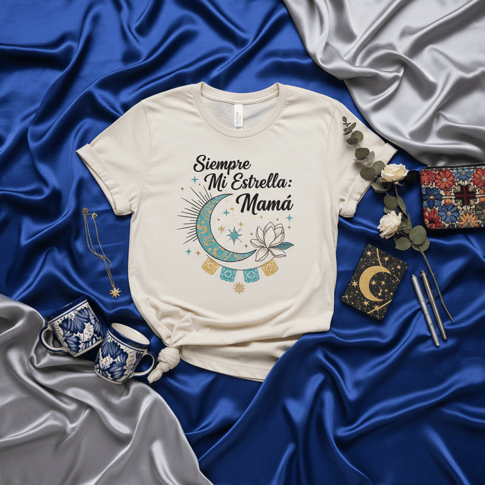 Siempre Mi Estrella Mamá Shirt, Spanish Mother's Day Gift, Celestial Boho Crescent Moon Lotus Flower Tee, Latina Mom T-Shirt, Motherhood Star Graphic Top, Cute Spanish Quote Apparel for Mama Mexicada
