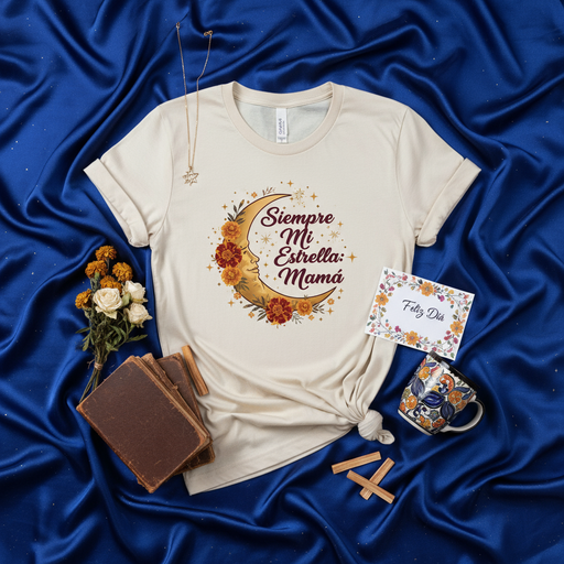 Siempre Mi Estrella Mamá Shirt, Spanish Mother's Day Gift, Celestial Crescent Moon Floral Graphic Tee, Día de las Madres T-Shirt for Hispanic Mom, Beige Unisex T-shirt for Latina Mother Mexicada