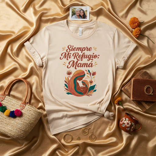 Siempre Mi Refugio: Mamá T-Shirt, Mother's Day Gift for Mom, Spanish Quote Tee, Mother and Child Illustration Shirt, Hispanic Mama Shirt, Best Mom Ever, Unisex Jersey Short Sleeve Top Mexicada