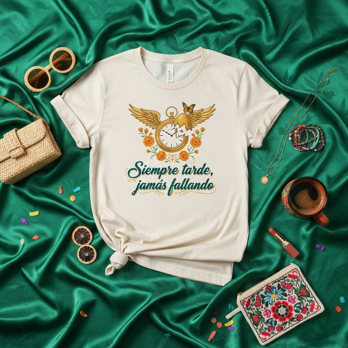 Siempre tarde, jamás fallando - Spanish T-Shirt, Always Late Never Failing Shirt, Funny Procrastination Gift, Clock with Wings and Butterfly Tee, Unisex Graphic Top Mexicada