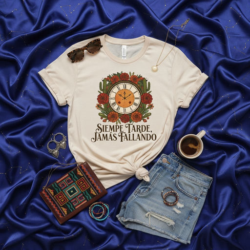 Siempre Tarde Jamás Fallando T-Shirt, Spanish Quote Tee, Late Never Failing Shirt, Vintage Clock and Flowers Graphic Print, Southwestern Desert Style, Unisex Soft-Style Top, Gift for Punctually Challenged Friend Mexicada