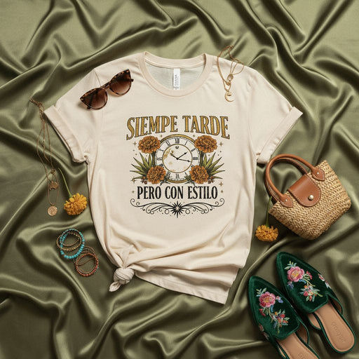 Siempre Tarde Pero Con Estilo T-Shirt, Spanish Quote Tee, Late but with Style, Vintage Clock Marigold Flowers Graphic Shirt, Hispanic Funny Gift, Unisex Soft Cream Short Sleeve Top Mexicada