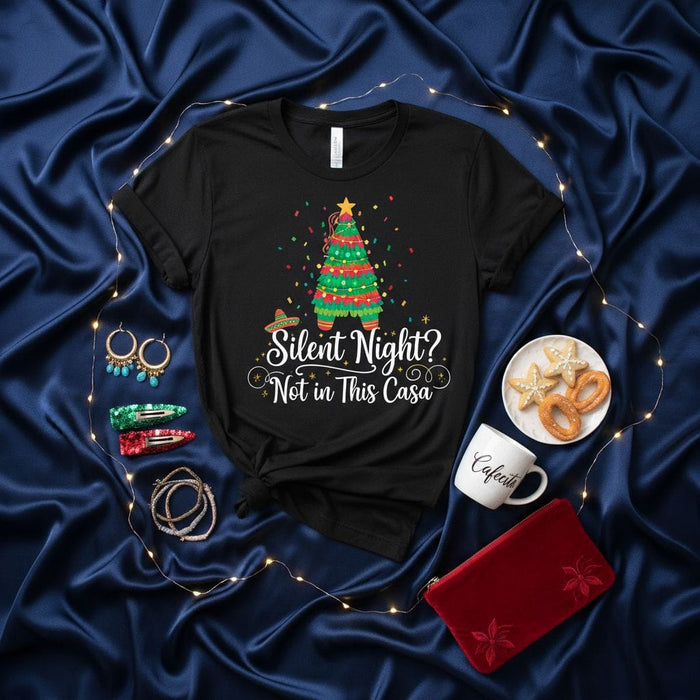 Silent Night? Not in This Casa Funny Mexican Christmas T-Shirt, Fiesta Holiday Tee with Sombrero Xmas Tree, Unisex Black Graphic Shirt Gift Mexicada