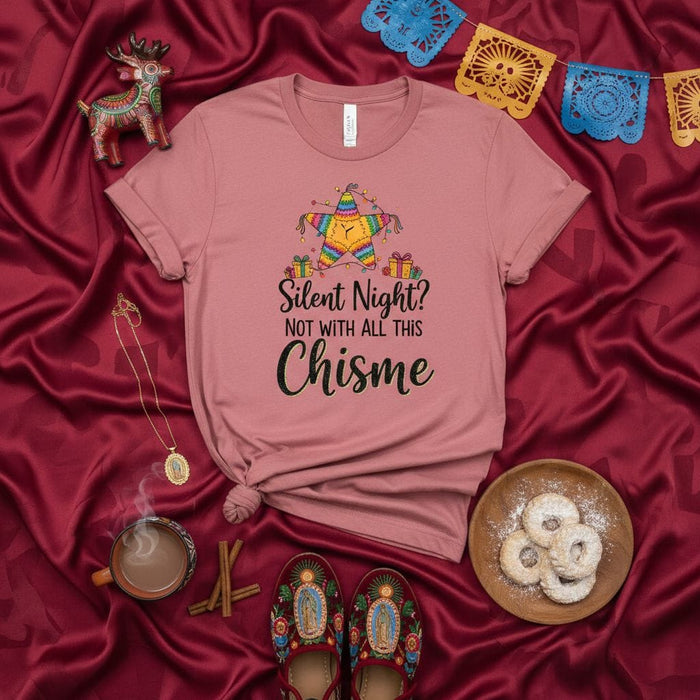 Silent Night Not With All This Chisme Shirt, Funny Spanish Christmas Piñata T-Shirt, Holiday Gossip Tee, Navidad Gift Idea, Cute Star Pinata Graphic Top, Short Sleeve Unisex Xmas Apparel Mexicada