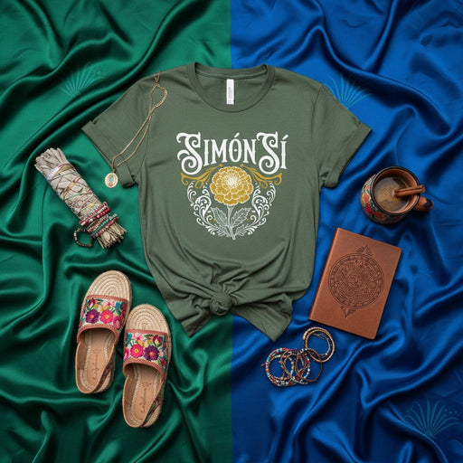 Simón Sí Cempasúchil Marigold Flower Graphic T-Shirt | Día de Muertos Green Unisex Tee | Mexican Culture Inspired Apparel Mexicada