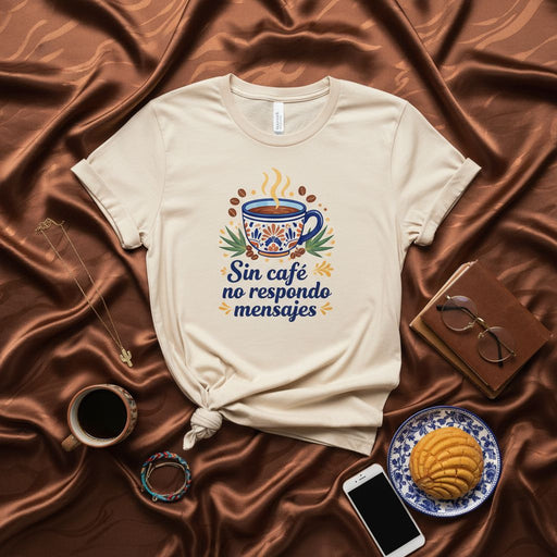 Sin café no respondo mensajes Camiseta Unisex, Diseño de Taza de Café Floral Estilo Talavera, Ropa Temática de Cafeína, Idea de Regalo para Amantes del Café, Spanish Coffee T-Shirt Mexicada