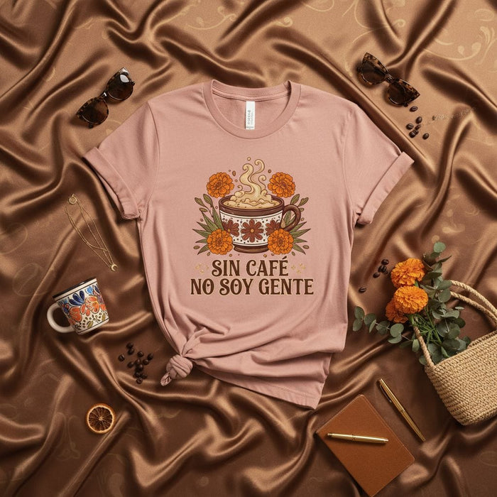 Sin Café No Soy Gente T-Shirt, Coffee Lover Unisex Tee, Dia de los Muertos Marigold Flowers Graphic Shirt, Fall Latte Art Design, Spanish Quote Gift for Her Him Mexicada