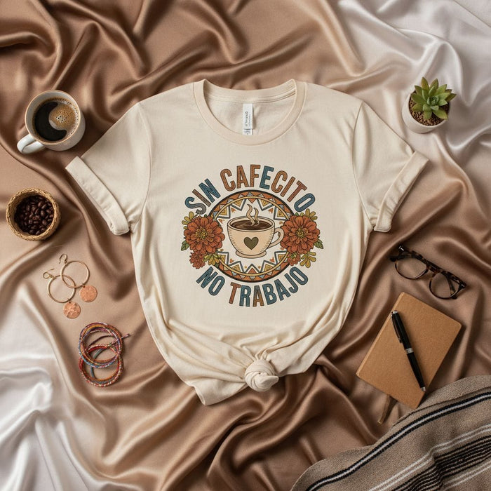 Sin Cafecito No Trabajo T-Shirt Spanish Coffee Lover Gift, Floral Vintage Style Latinx Graphic Tee, No Coffee No Work Shirt, Funny Hispanic Culture Apparel Mexicada