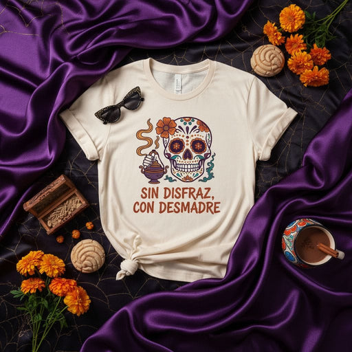 Sin Disfraz Con Desmadre Sugar Skull T-Shirt Unisex Day of the Dead Tee | Calavera Shirt | Dia de Muertos Gift | Ofrenda Marigolds Incense Smudge Stick Top | Halloween Party Costume Tee Mexicada