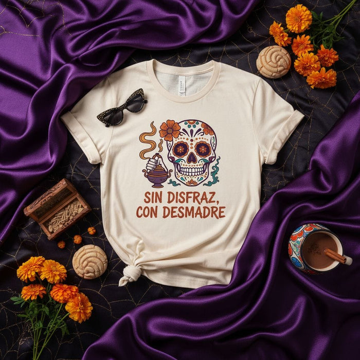 Sin Disfraz Con Desmadre Sugar Skull T-Shirt Unisex Day of the Dead Tee | Calavera Shirt | Dia de Muertos Gift | Ofrenda Marigolds Incense Smudge Stick Top | Halloween Party Costume Tee Mexicada