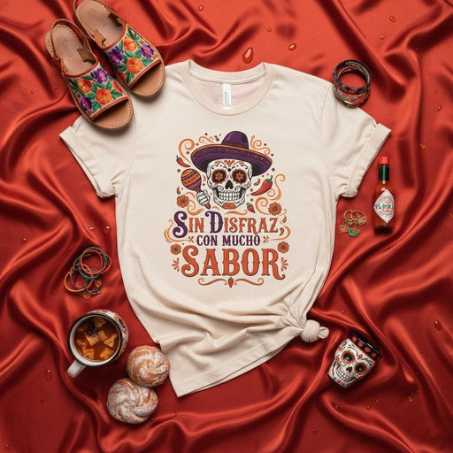 Sin Disfraz Con Mucho Sabor Day of the Dead Sugar Skull T-Shirt, Cinco de Mayo Mexican Fiesta Calavera Tee, Maraca Sombrero Chili Pepper Design, Unisex Mexicada