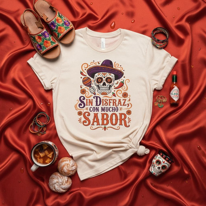 Sin Disfraz Con Mucho Sabor Day of the Dead Sugar Skull T-Shirt, Cinco de Mayo Mexican Fiesta Calavera Tee, Maraca Sombrero Chili Pepper Design, Unisex Mexicada