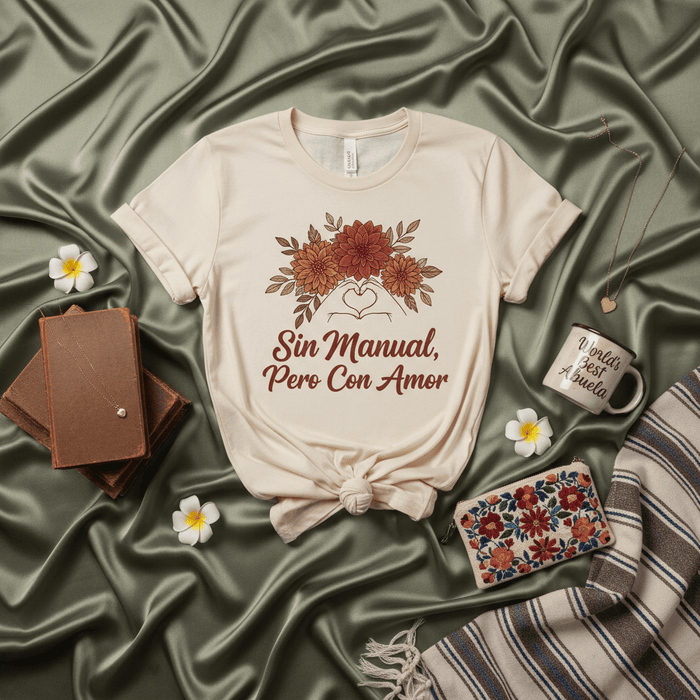 Sin Manual, Pero Con Amor Abuela T-Shirt, Spanish Grandparent Gift, Floral Heart Hands Tee, World's Best Grandma Shirt, Dia de las Madres, Mother's Day, New Abuela Announcement, Cute Latinx Family Tee Mexicada