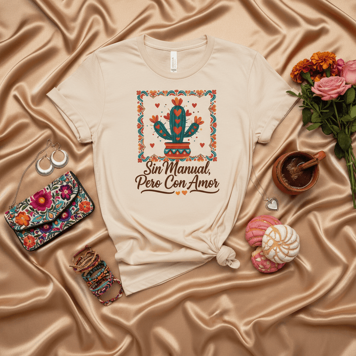 Sin Manual Pero Con Amor Cactus T-Shirt, Cute Mexican Graphic Tee, Desert Heart Love Shirt, Funny Spanish Saying Tee, Latina Gift Idea, Cinco de Mayo Apparel, Boho Botanical Top Mexicada