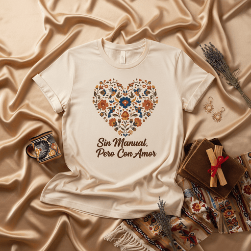 Sin Manual Pero Con Amor Floral Heart T-Shirt, Unisex Spanish Quote Tee, Hispanic Heritage Gift, Boho Folk Art Shirt, Latinx Apparel Mexicada