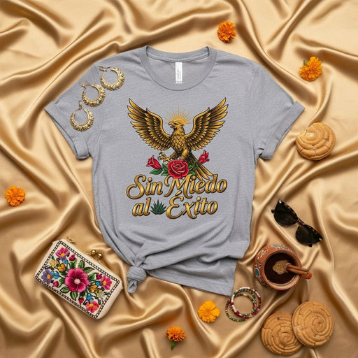 Sin Miedo Al Exito Eagle and Roses Graphic Tee Unisex T-Shirt Hispanic Culture Shirt Gold Eagle Design Spanish Phrase T-Shirt Mexicada