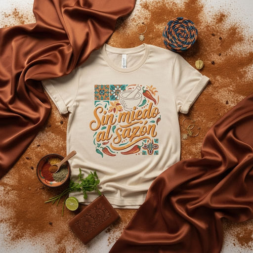 Sin miedo al sazón T-Shirt | Latinx Kitchen & Foodie Tee | Spanish Cooking Quote Shirt | Vibrant Spice & Mortar Design | Unisex Apparel Gift for Chefs and Cooks Mexicada