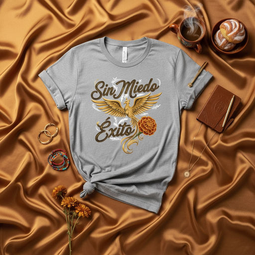 Sin Miedo Exito Phoenix Marigold T-Shirt, Spanish Quote Success Tee, Inspiring Unisex Graphic Shirt, Motivational Latinx Apparel Mexicada