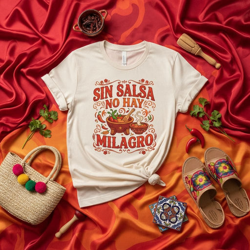Sin Salsa No Hay Milagro T-Shirt, Funny Mexican Foodie Shirt, Cinco de Mayo Fiesta Tee, Spanglish Saying Apparel, Latino Gift for Hot Sauce Lovers Mexicada