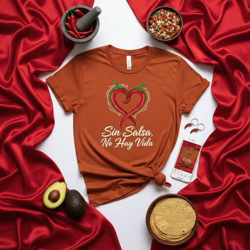 Sin Salsa, No Hay Vida T-Shirt, Chili Pepper Heart Tee, Spicy Food Lover Gift, Mexican Cuisine Apparel, Unisex Salsa Saying Shirt, Foodie Graphic T-Shirt Mexicada