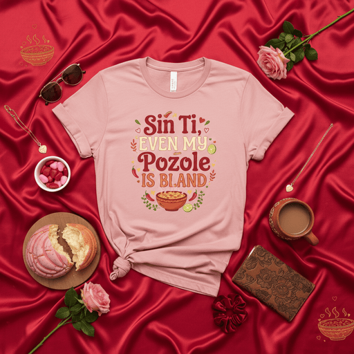 Sin Ti Even My Pozole Is Bland Shirt, Funny Mexican Food Lover Gift, Día de San Valentín T-Shirt, Spicy Chili Hearts Concha Rose Design Tee, Hispanic Culture Clothing Apparel Mexicada