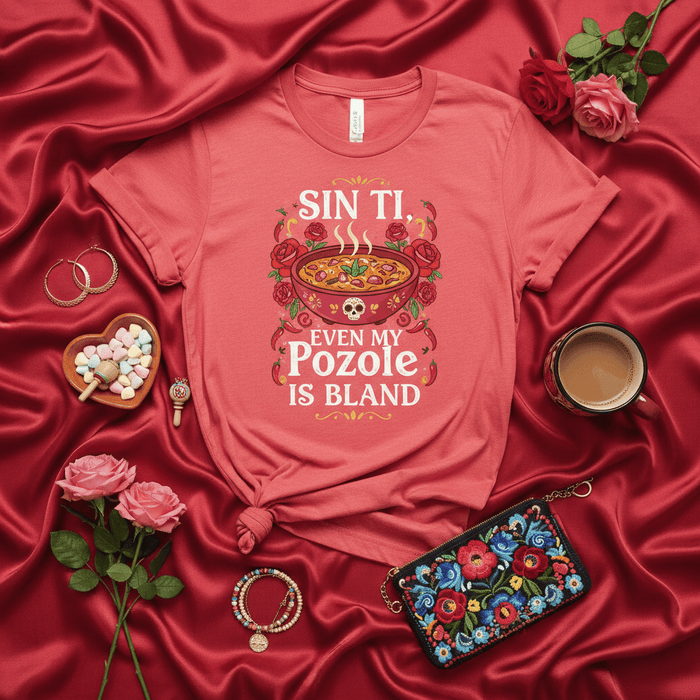 Sin Ti Even My Pozole Is Bland Shirt, Funny Mexican Food Lover Tee, Valentine's Day Gift, Pozole Soup Skull and Roses Graphic T-Shirt, Spicy Food Pun, Hispanic Culture Apparel Mexicada