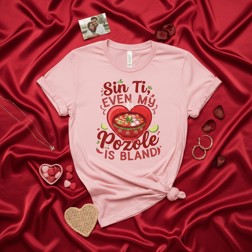 Sin Ti, Even My Pozole Is Bland Shirt, Funny Valentine's Day T-Shirt, Mexican Food Lover Gift, Pozole Tee, Anti-Valentine, Anniversary Gift, Couple Shirt, Pink Unisex T-shirt for Him Her Mexicada