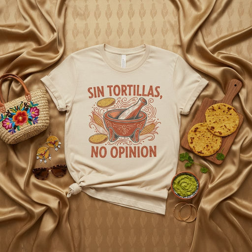 Sin Tortillas, No Opinion T-Shirt, Funny Mexican Food Saying Tee, Molcajete Corn Tortilla Shirt, Latino Hispanic Heritage Gift, Unisex Graphic T-Shirt Mexicada